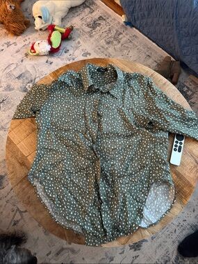 Theory Olive Green Button-Down Blouse with White Dot Print